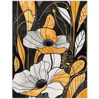 Artery8 Abstract Gold Black Poppy Flowers Floral Painting Wall Art Print | Size: W12" x H16"