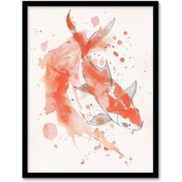 Artery8 Japanese Koi Carp Fish Watercolour Drawing Framed Wall Art in Orange | Size: W12" x H16"