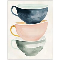 Artery8 Three Stacked Tea Cups Bright Boho Watercolour Wall Art Print | Size: W18" x H24"