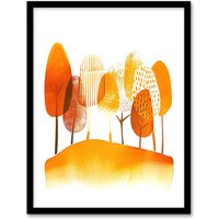 Artery8 Abstract Autumn Trees Orange Watercolour Painting Framed Wall Art in Mustard | Size: W12" x H16"