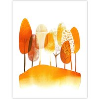 Artery8 Abstract Autumn Trees Orange Watercolour Painting Wall Art Print in Mustard | Size: W24" x H32"