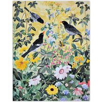 Artery8 Birds in Blooming Spring Wildflower Field Wall Art Print in Yellow | Size: W24" x H32"