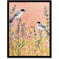 Artery8 Two Chickadee Birds in Pastel Wildflower Field Framed Wall Art in Pale Pink | Size: A4