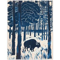 Artery8 Bison Grazing in Forest Blue Landscape Painting Wall Art Print | Size: W24" x H32"