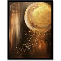 Artery8 Full Moon Golden Glimmers Abstract Oil Painting Framed Wall Art in Brown | Size: A4