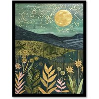 Artery8 Full Moon Floral Landscape Folk Art Painting Framed Wall Art in Blue | Size: A4