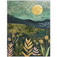 Artery8 Full Moon Floral Landscape Folk Art Painting Wall Art Print in Blue | Size: W18" x H24"