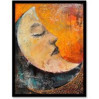 Artery8 Sleeping Crescent Moon Abstract Oil Painting Framed Wall Art in Orange | Size: A4