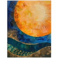 Artery8 Abstract Sunrise Modern Tarot Style Painting Wall Art Print in Blue | Size: W18" x H24"