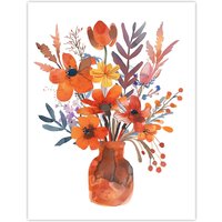 Artery8 Bright Autumnal Flower Bouquet Vase Watercolour Wall Art Print in Orange | Size: W12" x H16"