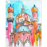 Artery8 Colourful Brighton Royal Pavilion Watercolour Wall Art Print in Blue | Size: W12" x H16"