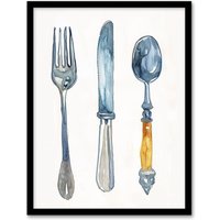 Artery8 Cutlery Fork Spoon & Knife Bright Watercolour Framed Wall Art in Grey | Size: W12" x H16"