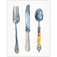 Artery8 Cutlery Fork Spoon & Knife Bright Watercolour Wall Art Print in Grey | Size: W24" x H32"