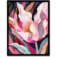 Artery8 Dutch Tulip Mania Colourful Flower Folk Patterns Framed Wall Art in Pink | Size: W12" x H16"