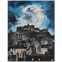 Artery8 Full Moon Night Edinburgh Castle Conceptual Art Wall Art Print in Blue | Size: W24" x H32"
