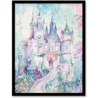 Artery8 Fairy Tale Princess Castle Pastel Colour Fantasy Framed Wall Art in Blue | Size: W12" x H16"