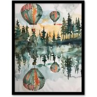 Artery8 Hot Air Balloons Forest Lake Watercolour Painting Framed Wall Art in Green | Size: A4