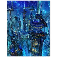 Artery8 Futuristic City Sci Fi Cityscape Conceptual Art Wall Art Print in Blue | Size: W24" x H32"