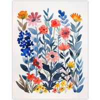 Artery8 Garden Flowers in Spring Scandi Folk Watercolour Wall Art Print | Size: W24" x H32"