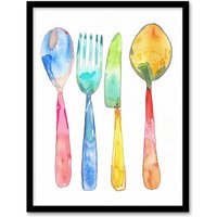Artery8 Colourful Cutlery Fork Knife Spoon Watercolour Framed Wall Art | Size: A4