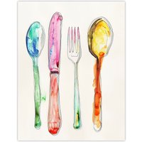 Artery8 Colourful Watercolour Cutlery Spoons Knife Fork Wall Art Print | Size: W18" x H24"