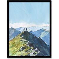 Artery8 Hikers on Helvellyn Mountain Ridge Landscape Framed Wall Art in Blue | Size: W12" x H16"