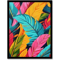 Artery8 Colourful Tropical Fronds Stylised Leaves Pattern Framed Wall Art | Size: A4