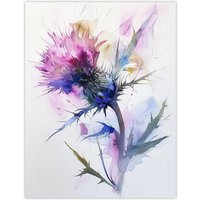 Artery8 Thistle Flower Bloom Soft Watercolour Painting Wall Art Print in Purple | Size: W24" x H32"