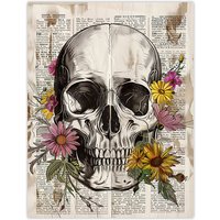 Artery8 Skull with Daisies Book Page Mixed Media Upcycle Wall Art Print in Grey | Size: W12" x H16"