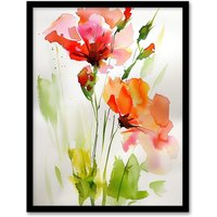 Artery8 Abstract Flowers Red Green Watercolour Painting Framed Wall Art | Size: A4