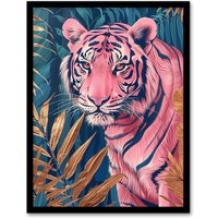 Artery8 Majestic Pink Tiger in Blue Gold Tropical Jungle Framed Wall Art | Size: A4