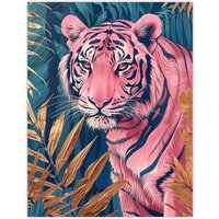Artery8 Majestic Pink Tiger in Blue Gold Tropical Jungle Wall Art Print | Size: W18" x H24"