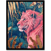 Artery8 Regal Pink Lion in Teal Blue Gold Tropical Jungle Framed Wall Art | Size: A4