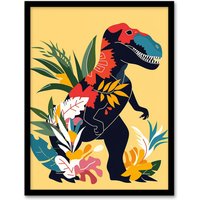 Artery8 Boho T Rex Dinosaur Plants Graphic Collage Framed Wall Art in Yellow | Size: W12" x H16"