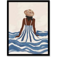 Artery8 Woman in Blue White Stripy Summer Holiday Dress Framed Wall Art | Size: A4