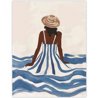 Artery8 Woman in Blue White Stripy Summer Holiday Dress Wall Art Print | Size: W24" x H32"