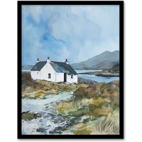 Artery8 Isle Harris Crofters Cottage Scotland Landscape Framed Wall Art in Blue | Size: A4