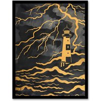 Artery8 Lighthouse Lightning Storm Gold Contrast Painting Framed Wall Art in Black | Size: W12" x H16"