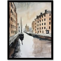 Artery8 Sailboat Sailing in Quiet Canal Watercolour Framed Wall Art in Grey | Size: A4