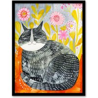 Artery8 Happy Maine Coon with Flowers Cat Lover Folk Art Framed Wall Art | Size: W12" x H16"
