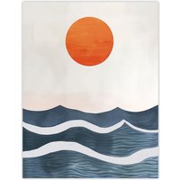 Artery8 Minimalist Large Sunset Sun Over Ocean Waves Wall Art Print in Blue | Size: W12" x H16"