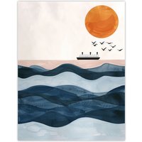 Artery8 Ocean Liner Ship With Seagulls Over Sea Waves Wall Art Print in Blue | Size: W18" x H24"