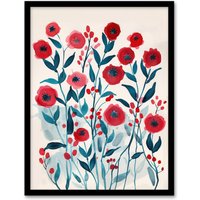 Artery8 Poppy Flowers Red Teal Bright Floral Watercolour Framed Wall Art | Size: A4