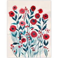 Artery8 Poppy Flowers Red Teal Bright Floral Watercolour Wall Art Print | Size: W12" x H16"
