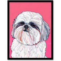 Artery8 Adorable Shih Tzu Dog Lover Vibrant Pink Portrait Framed Wall Art | Size: W12" x H16"