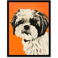 Artery8 Dog Lover Cute Shih Tzu Vibrant Orange Portrait Framed Wall Art | Size: W12" x H16"