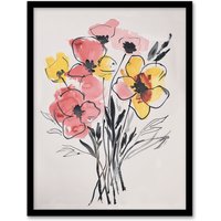 Artery8 Abstract Flower Bouquet Pastel Yellow Pink Floral Framed Wall Art | Size: A4