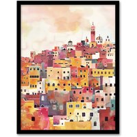 Artery8 Morocco Skyline Colourful Watercolour Cityscape Framed Wall Art in Orange | Size: W12" x H16"