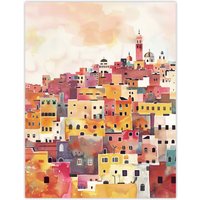 Artery8 Morocco Skyline Colourful Watercolour Cityscape Wall Art Print in Orange | Size: W24" x H32"