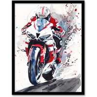 Artery8 Superbike Motorcycle Rider Race Sport Watercolour Framed Wall Art in Red | Size: A4